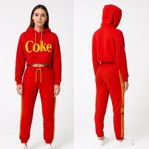 Coca-Cola Red Tracksuit Women's M Crop Hoodie Joggers Logo Tape Retro Y2K